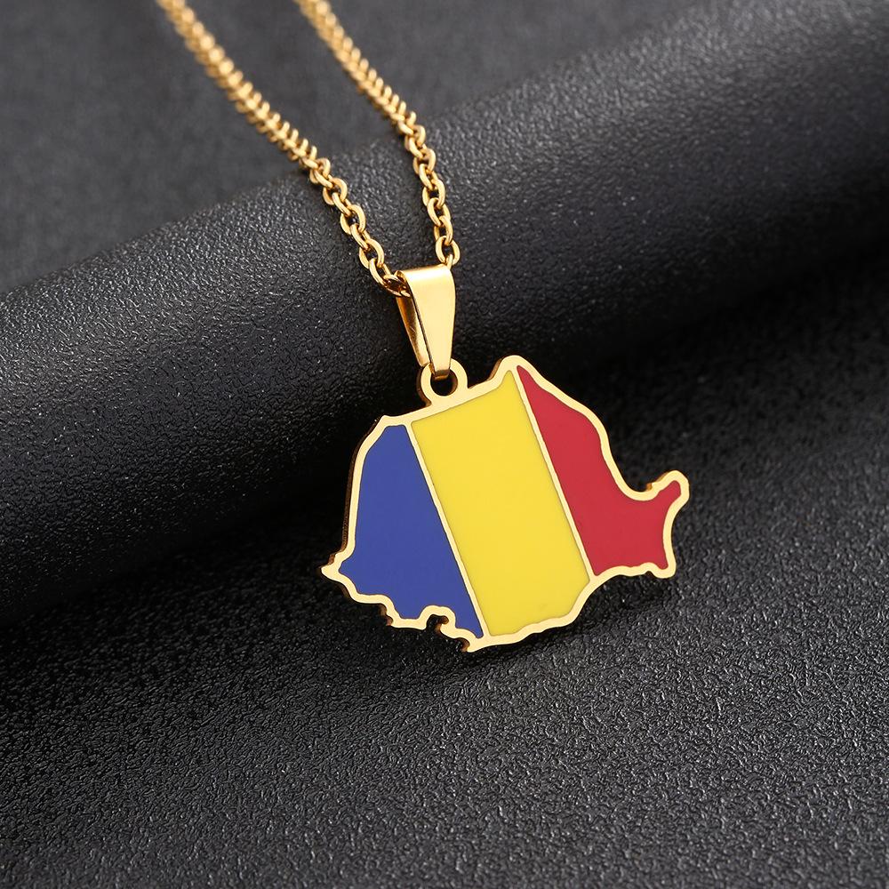 Romania Map Ethnic Style Stainless Steel Necklace for Men & Women - Trendy Titanium Drip Oil Pendant