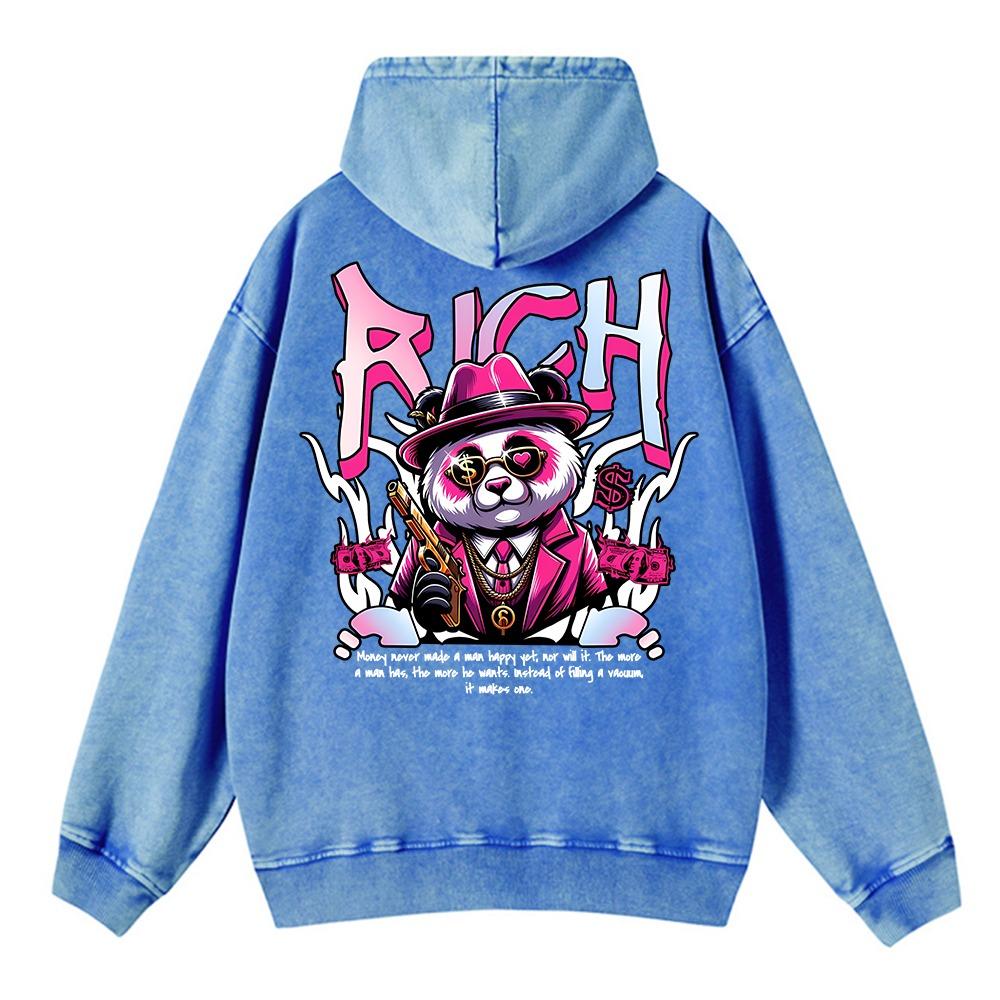 Vintage Womans Acid Wash Hoodies Rich Cartoons Panda Printing Pullovers Pocket Oversize Cotton Hooded Clothes