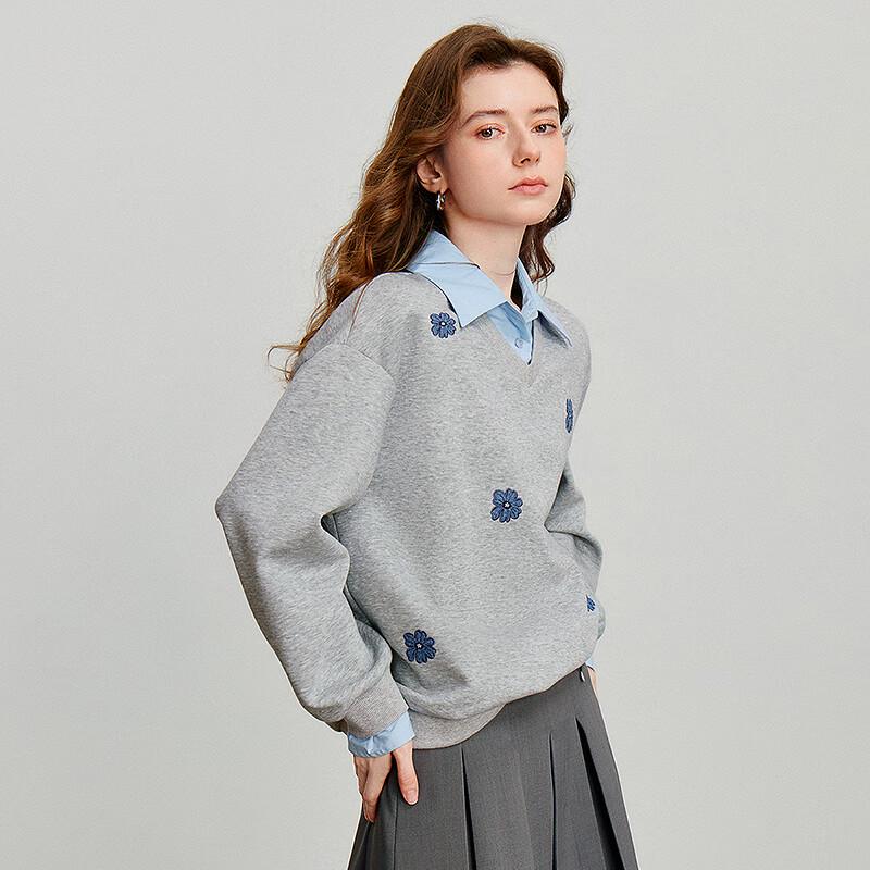 Chuyu Damen Faux Zweiteiliges Denim Blumen Sweatshirt