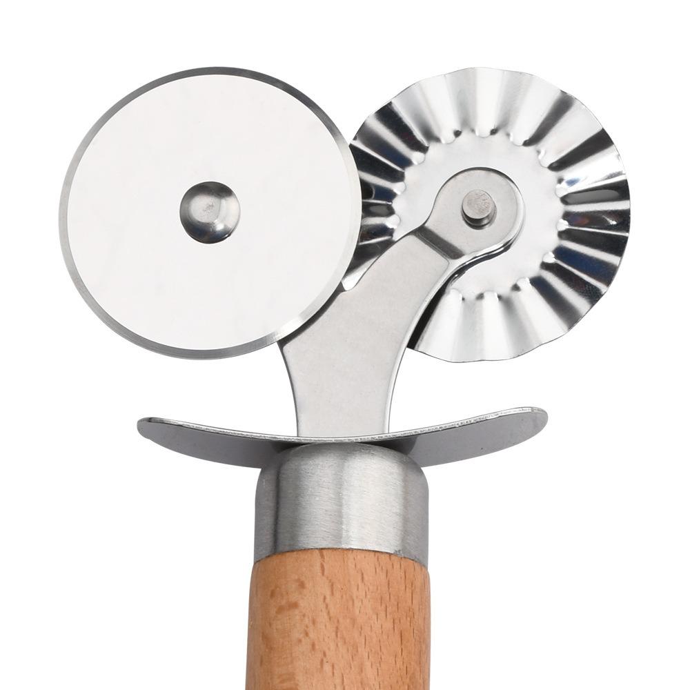Double Wheel Biscuit Embossing Rolling Wheel Wooden Handle Rust-proof Ravioli Mold Homemade 2 In 1 Pasta Cutter Cookies