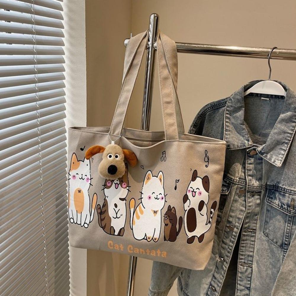Cute Cartoon Canvas Bag for Women Large Capacity Versatile Shoulder Bag Casual Handbag Commuting Tote Bag Cat Shoulder Bag