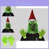 Conjunto hilário de máscara do Grinch e luvas peludas verdes, ideal para festas de Natal e celebrações de Halloween.