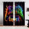Fashion Rainbow Splash Gradient GAMER Game Controller Blackout Curtain 2Pcs Set, Street Graffiti Arcade Gaming Window Drapes