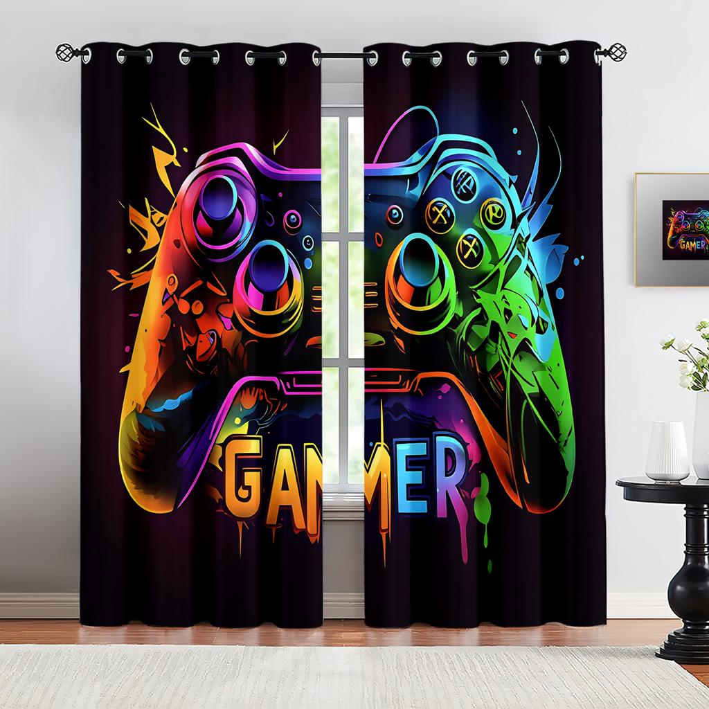 Fashion Rainbow Splash Gradient GAMER Game Controller Blackout Curtain 2Pcs Set, Street Graffiti Arcade Gaming Window Drapes