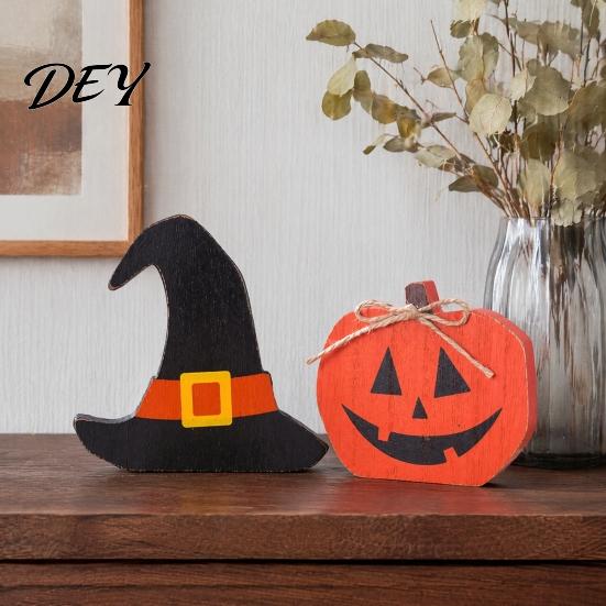 Handmade Wood Crafts Halloween Table Sign, Wooden Pumpkin Ghost Bat Block Rustic Tiered Tray Decor Ornament for Tabletop Home Office Indoor