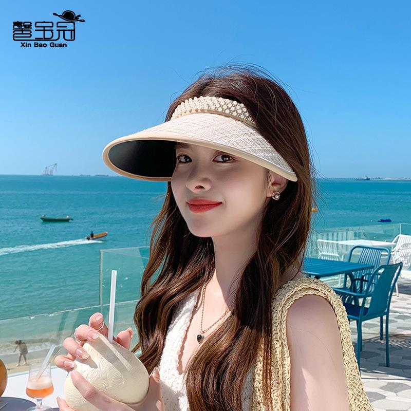 8433 Summer sunscreen sunshade empty top hat versatile pearl hat women's vinyl big eaves headband sun hat
