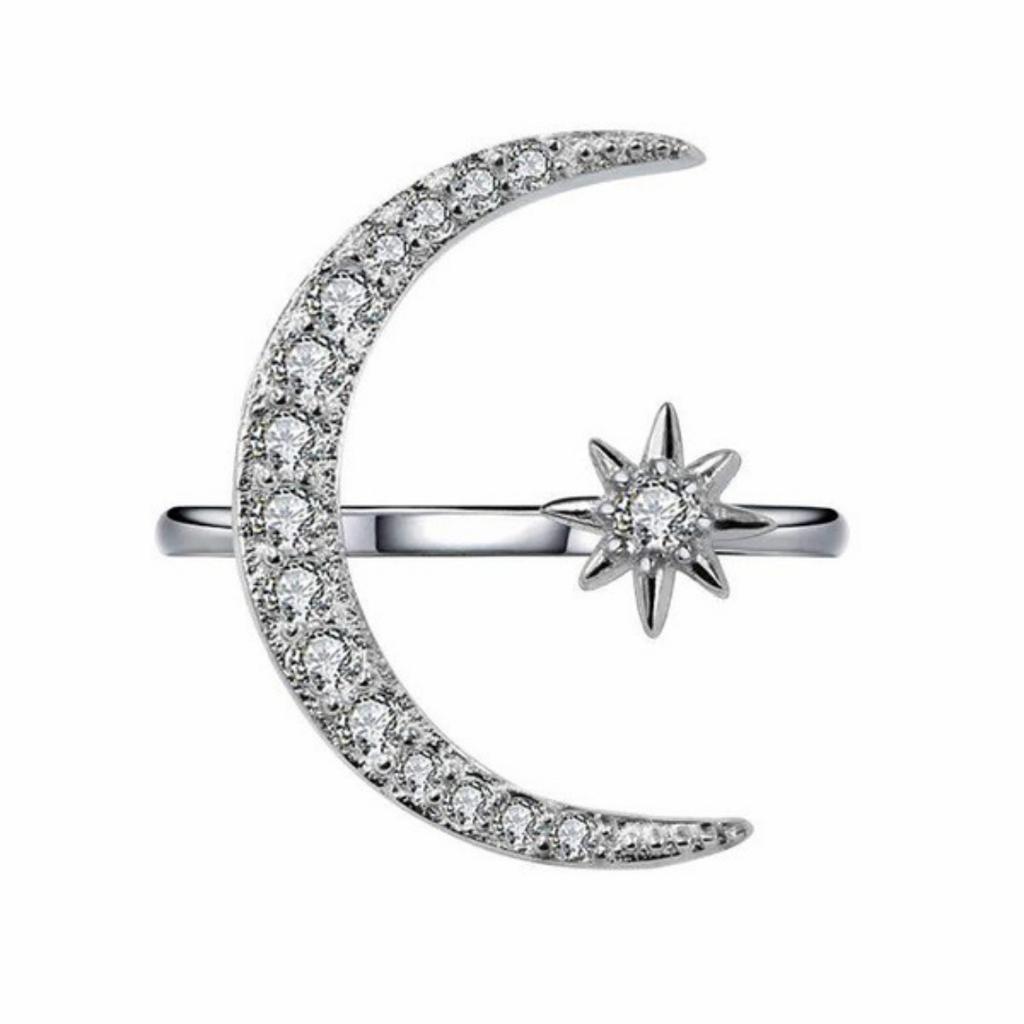 One-piece Silver-white Crescent Moon Open Ring for Women, European and American Style Star and Moon Index Finger Ring, a Versati