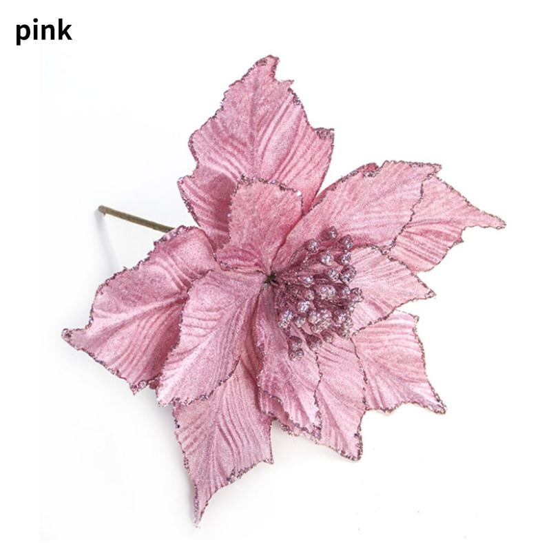 1PC Glitter Christmas Flower Head Rayon Flower DIY Christmas Tree New Year Decoration