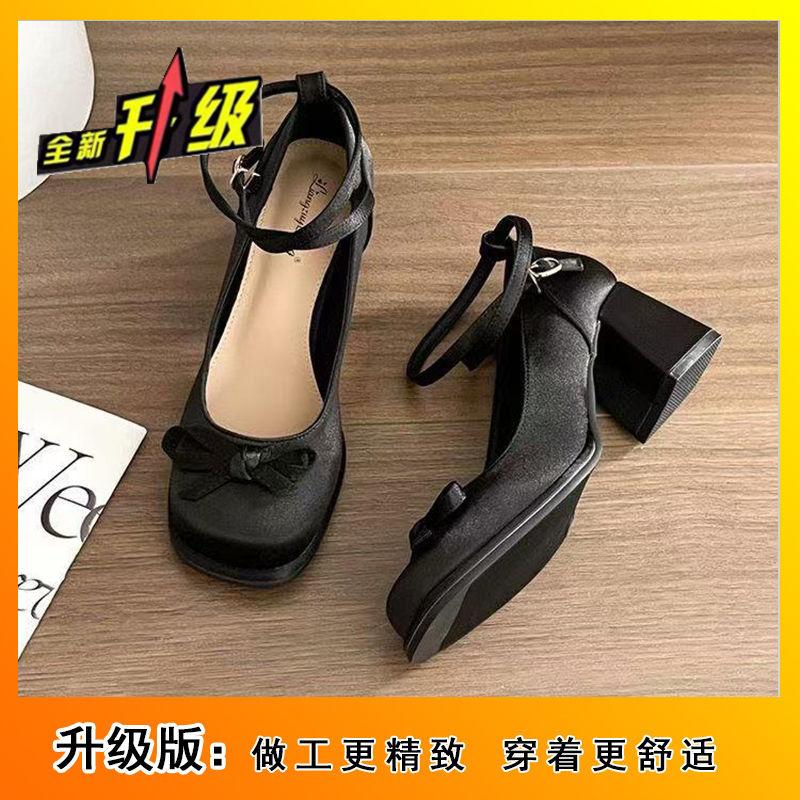 Fairy style small man height increase shallow mouth single shoes French versatile bow thick heel Mary Jane shoes 2025 new models