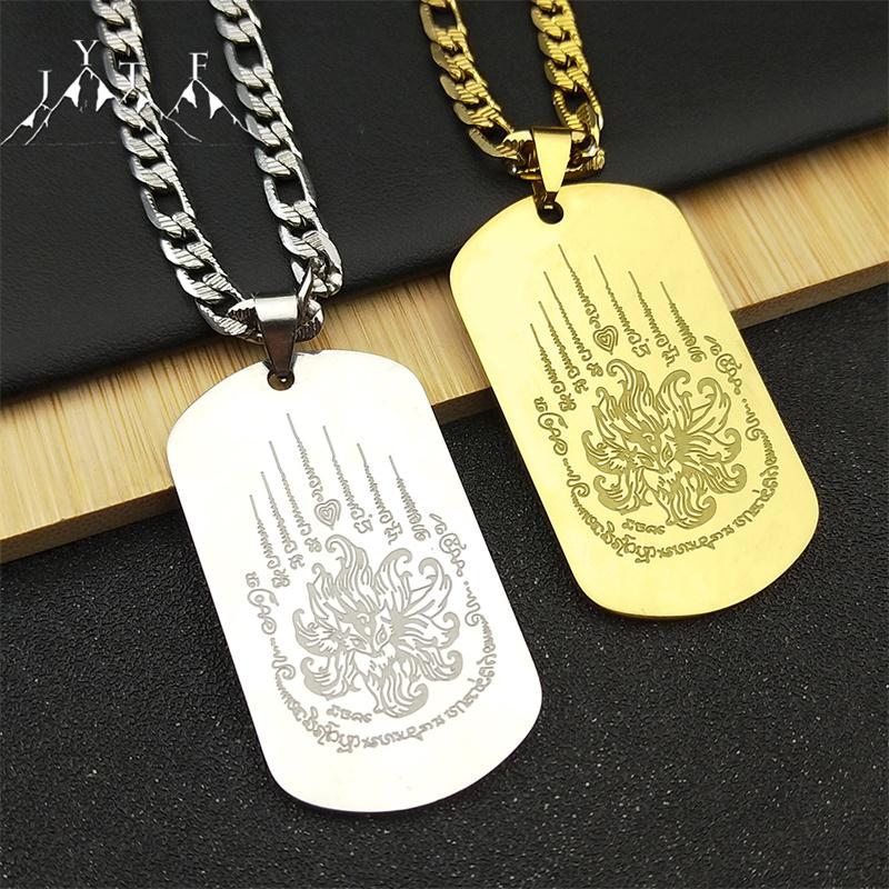 Thaise Boeddhistische Geschriften Lotus Tag Negenstaartige Vos Hanger Ketting voor Vrouwen Mannen Roestvrij Staal Goudkleur Boeddhisme Sieraden