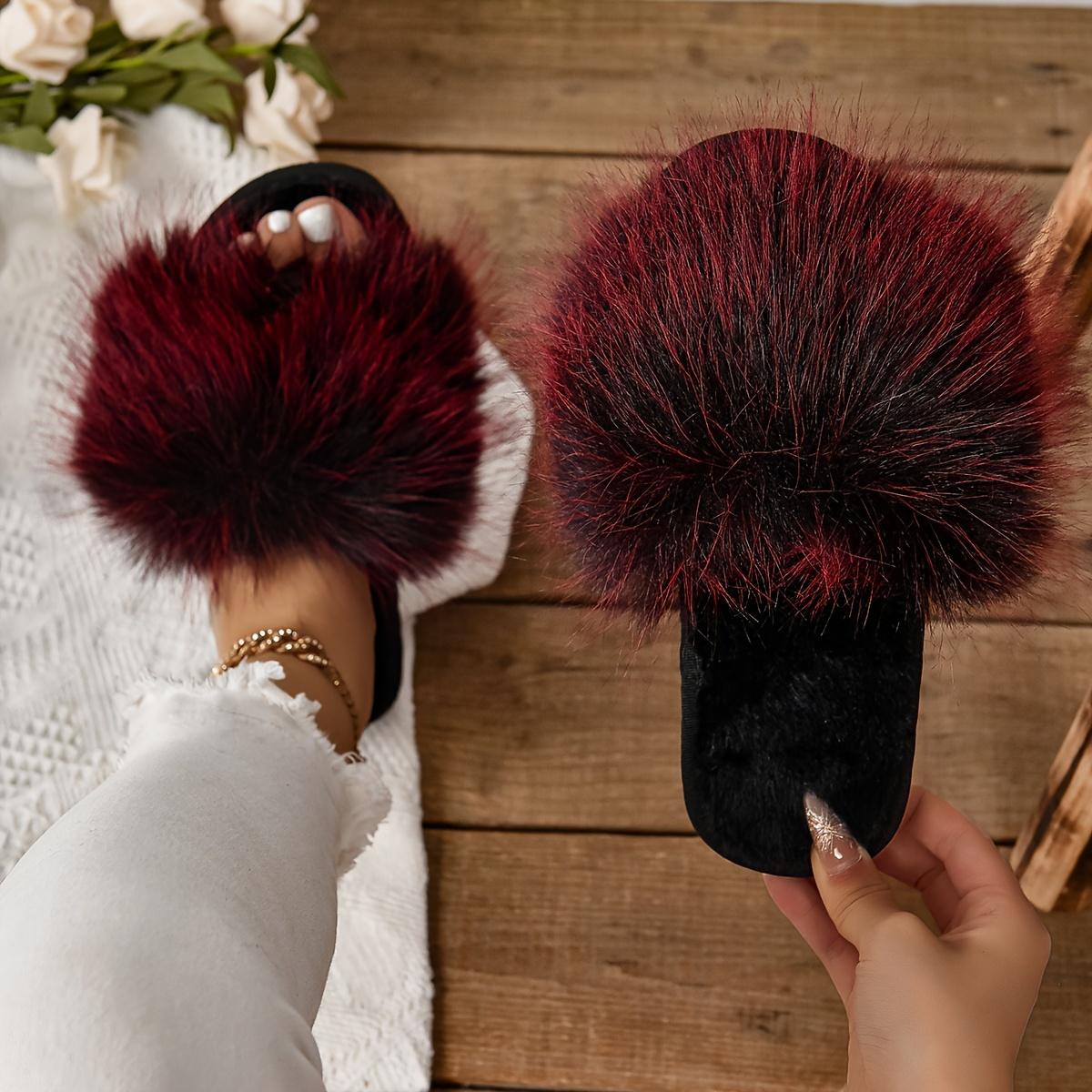 

Тапочки на плоской подошве из искусственного меха, модные туфли с открытым носком и мягкой подошвой, зимние теплые домашние тапочки 36-37 бордовый