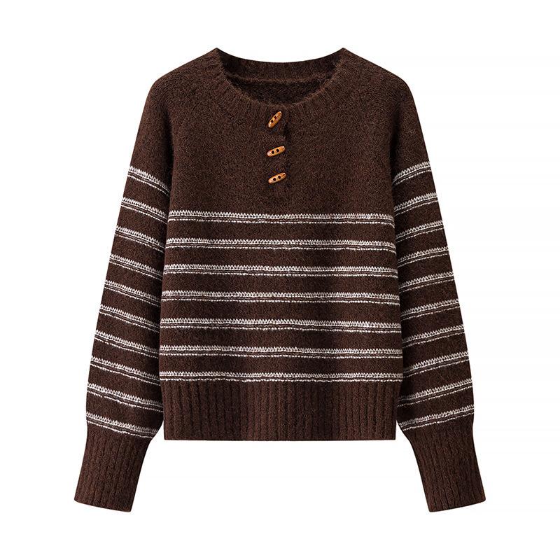 

Autumn and Winter Loose Artistic Retro Striped Knitted Sweaters with A Design Sense of Cow Horn Buckle Pullover Women s Sweaters One size темно-коричневого