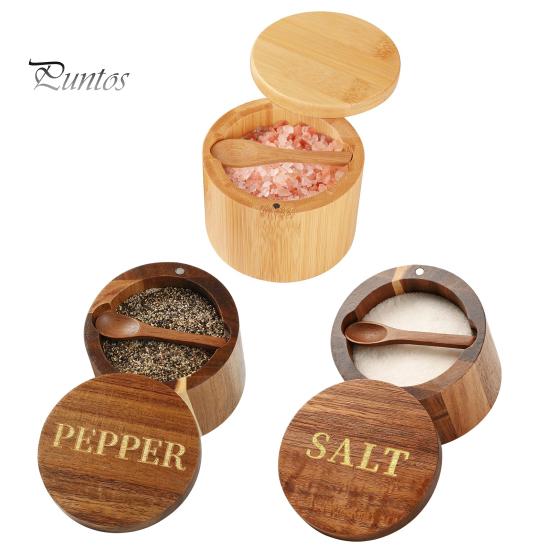 Reusable Wooden Seasoning Box Wood Salt Container with Swivel Magnetic Lid, Built-in Spoon Decorative Spice Keeper Jar, Moisture Proof for Kitchen