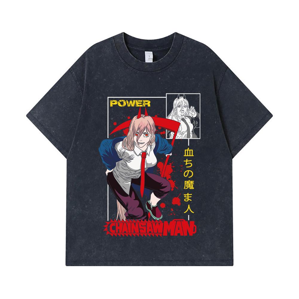 275 GSM Washed T-shirts 100% Cotton Chainsaw Man V40 Power Print Unisex Heavy Cotton T Shirt