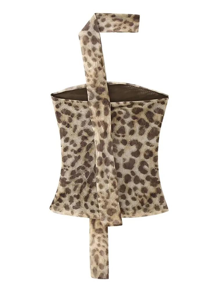 

Леопардовый тюлевый кроп-топ женский с принтом, присборенный корсетный топ женский винтажный летний топ-халтер, открытый сзади, сексуальные вечерние топы для женщин L леопардовый