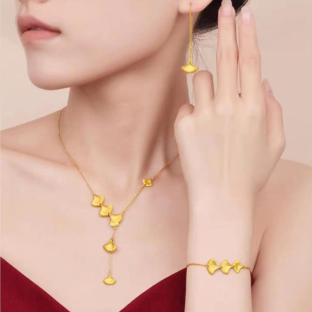 Vietnam Sand Gold Ginkgo Leaf Jewelry Set: Necklace, Bracelet, Ring - Women's Elegant Copper Gold-Plated Design