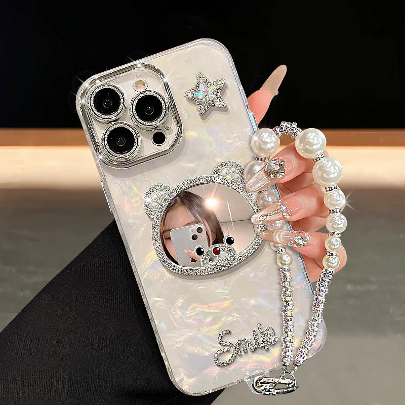 Bear mirror bracelet is suitable for Apple 16promax mobile phone case 13 flash diamond star doll 15 high-end sense 14 women