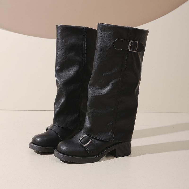 Inner Height Increase of 8cm~ Trouser Boots Women's 2025 Autumn New Thick-soled Belt Buckle Soft Leather Pleated Long Tube Knight Boots