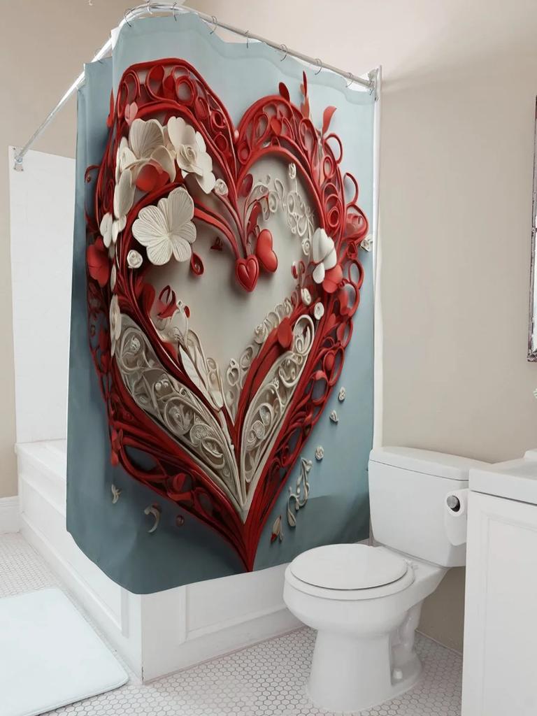 3D Red Heart with Flowers Shower Curtain | Romantic and Elegant Bathroom Decor