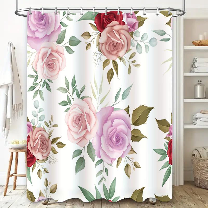 Floral Pattern Shower Curtain Pink Red Roses Design For Bathroom Decorations In Various Sizes