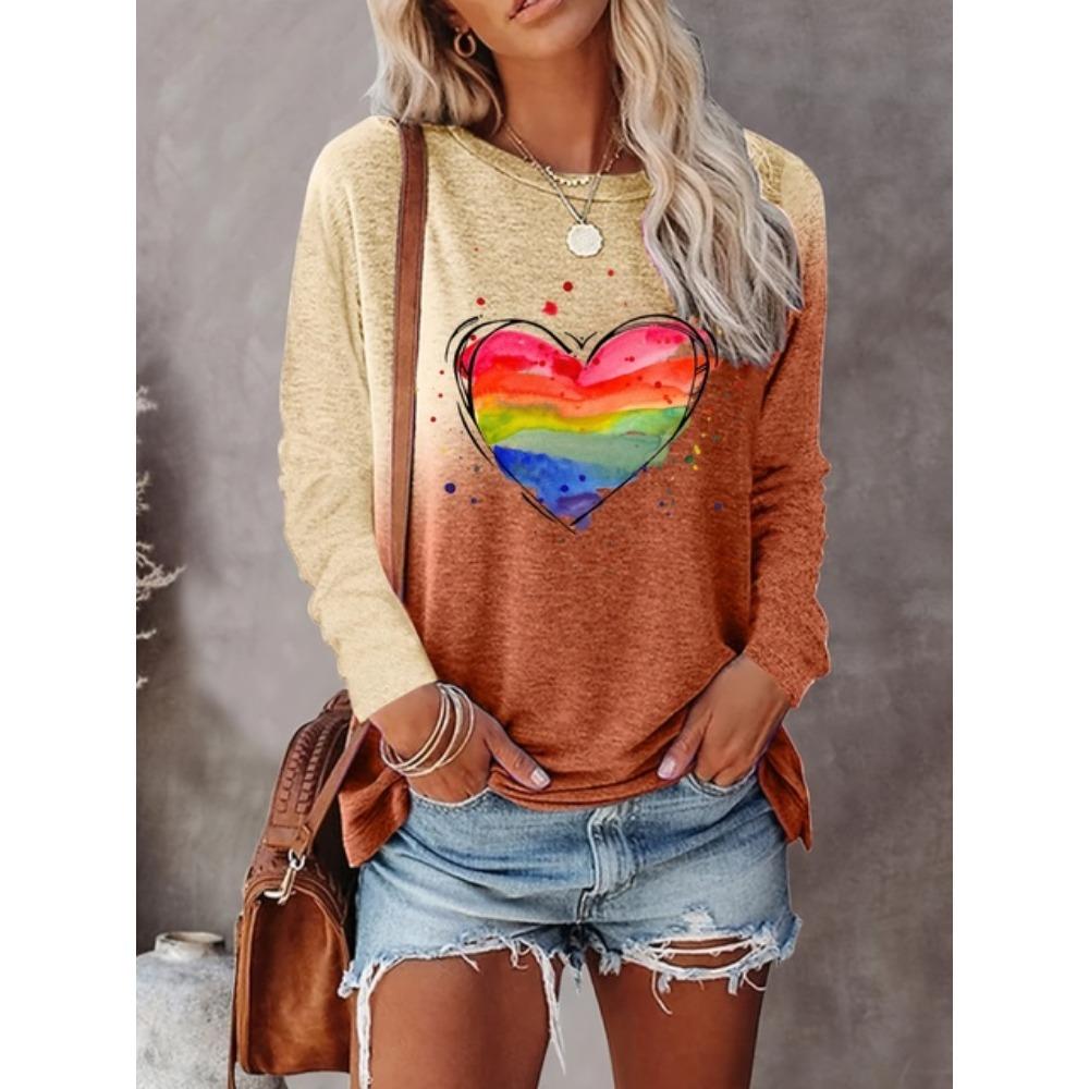 T-shirt da donna con stampa a cuore color arcobaleno, grafiche, camicette a maniche lunghe, top corto, taglie forti, abbigliamento da donna