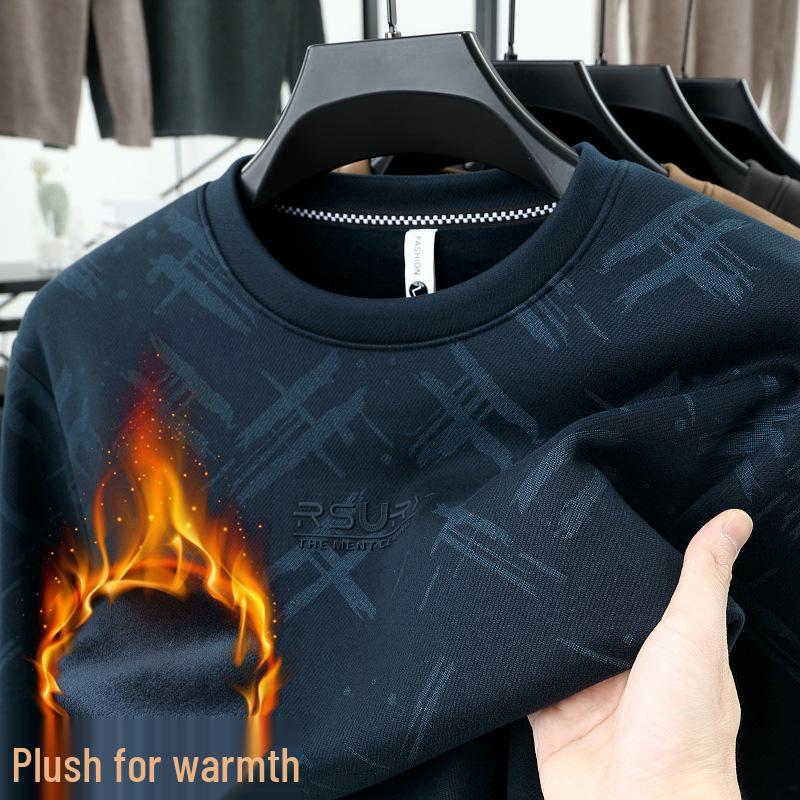Men s Velvet-Lined Winter Hoodie: Trendy Printed Pullover with Long Sleeves and Round Neck. M