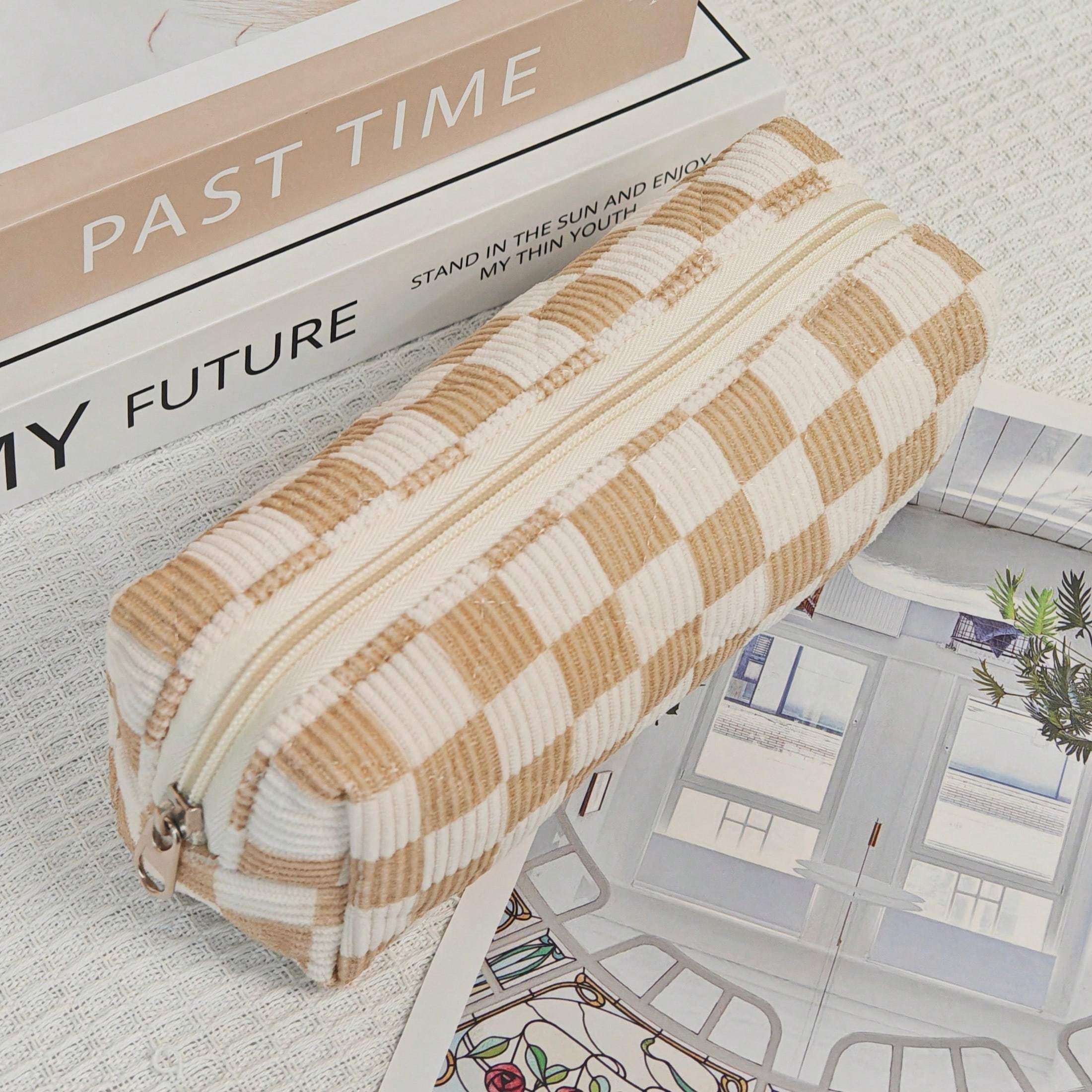 

Simple Premium Makeup Bag In Checkered Pattern, Multifunctional Makeup Storage Bag Tote Bathroom Shower Purse Bag Portable Makeup Brush Clutch Bag Small хаки