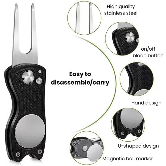 Horquilla de golf con función de succión magnética, tamaño compacto, portátil, marcador de bola de alineación de putt magnético, herramienta de reparación de divot de golf plegable