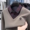 Men's Winter Faux Two-Piece Sweater with Shirt Collar and Velvet-Lined Knitwear
