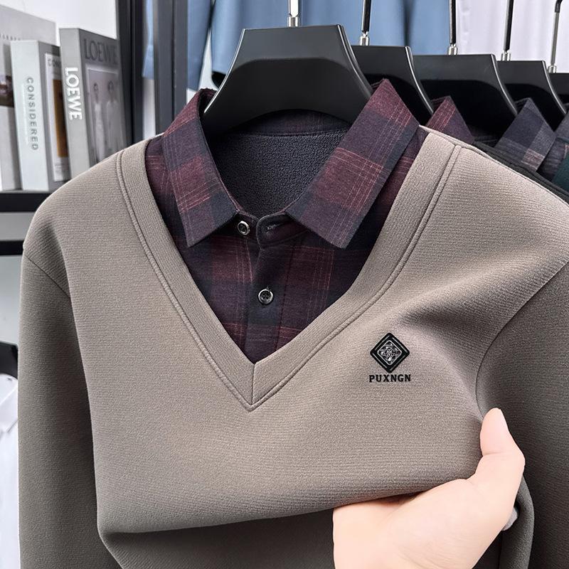 Men's Winter Faux Two-Piece Sweater with Shirt Collar and Velvet-Lined Knitwear