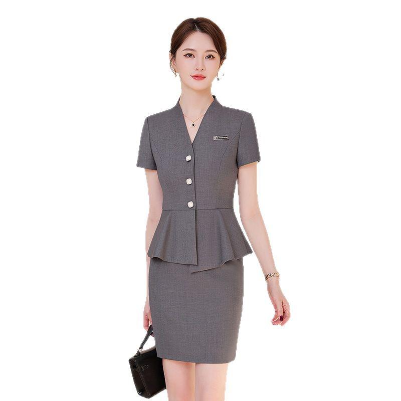 Set Profesional de Vară cu Mânecă Scurtă, Formal, din Două Piese, pentru Femei - Design Subțiere cu Volane