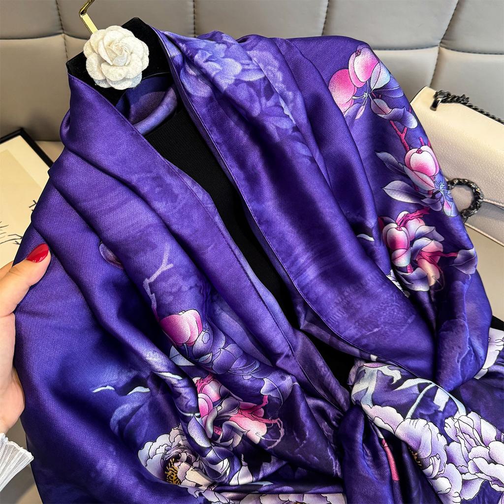 Luxury  Women Summer Silk Scarves Purple Flowers Print Shawls Wraps Soft Female Beach Bandanna Foulard Muffler Scarf