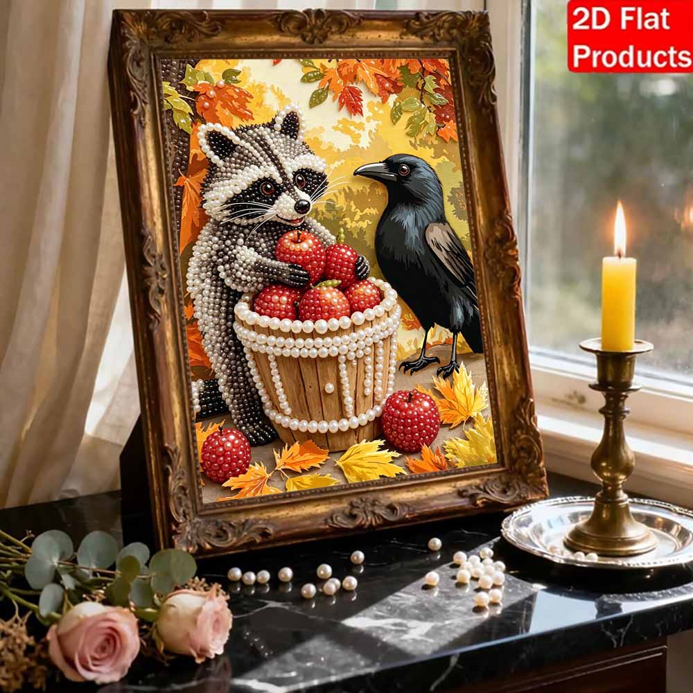 Pearl Painting DIY Kit Autumn Raccoon and Crow with Apples Frameless Sparkling Bead Art Canvas Creative Home Decor Craft for Beginners