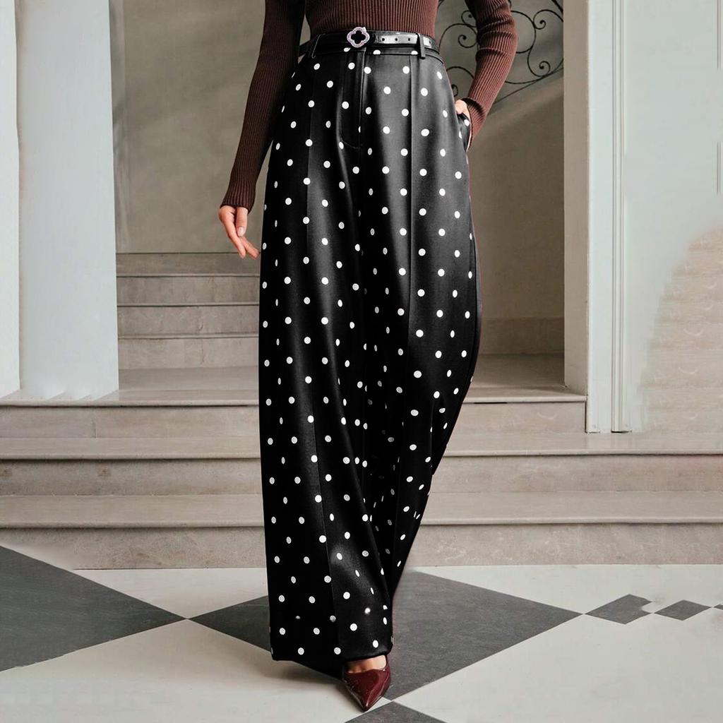 Women's Vintage Polka Dot Wide Leg Pants High Waist Loose Fit Casual Trousers with Pockets Suitable for Daily Wear and Office
