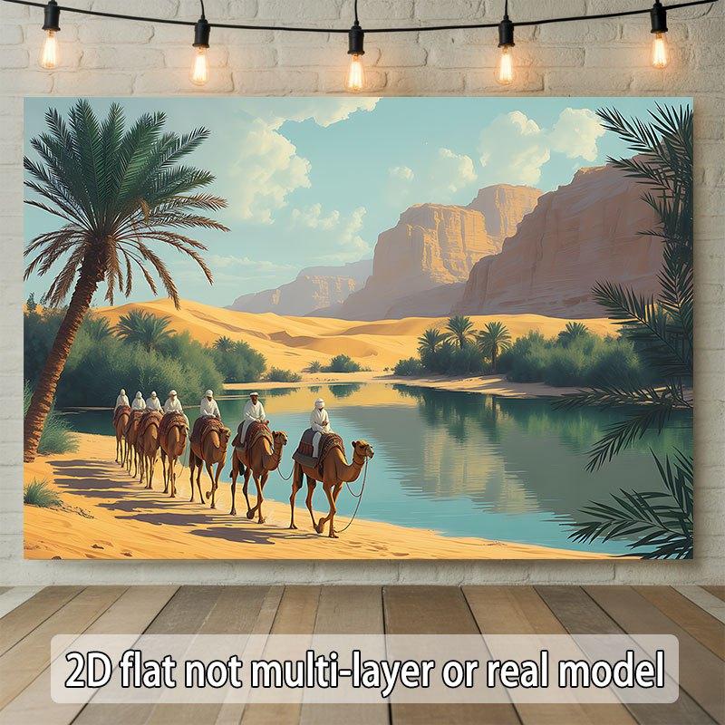 2D planar drawing, 1 piece of the iconic camel caravan decorative fabric of the desert oasis 130x150cm