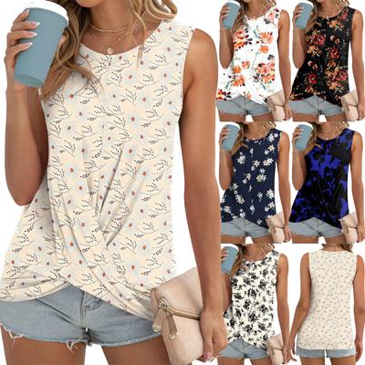 Tricou cu imprimeu flori de vară pentru femei Top ocazional vestă răsucită fără mâneci cu gât rotund