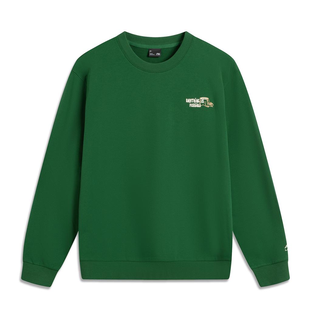 Li-Ning Fashionable Versatile Dopamine Round Neck Letter Pullover Long Sleeve Fleece Knit Sweatshirt Men sweatshirt Eden-Green AWDV377-4