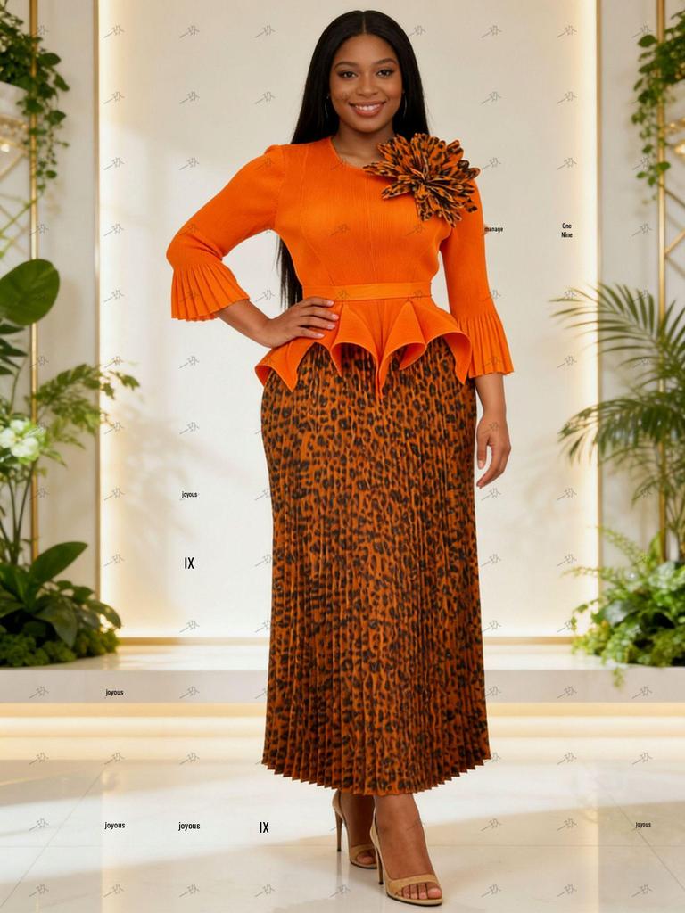 Miyake Plus Size 3D Floral Pleated Skirt Set for Women - Irregular Long Skirt