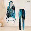 Women Plus Size Black Gold Printed Hooded Long Sleeve High Low Top Fitted Pants Two Piece Set