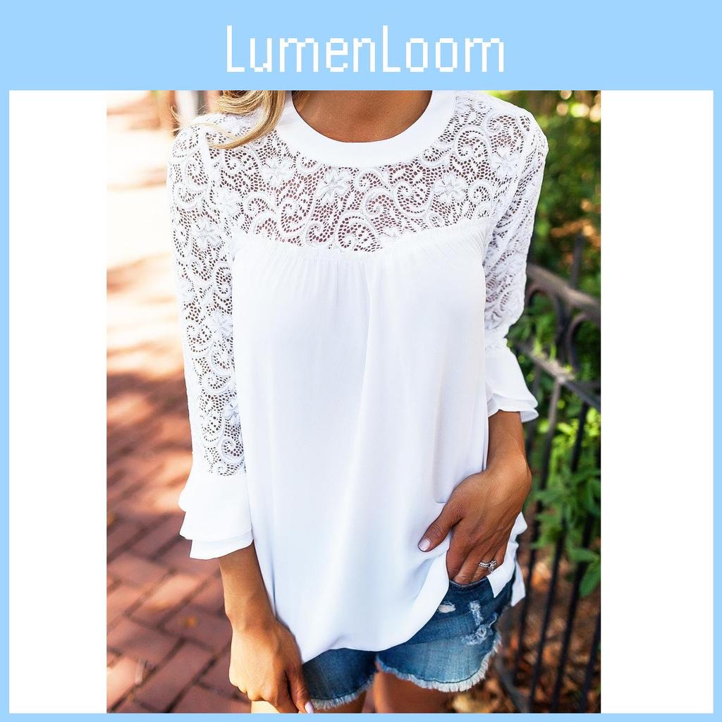 Elegant Chiffon Lace Blouse Loose Fit Pullover Long Sleeve T-shirt For Women