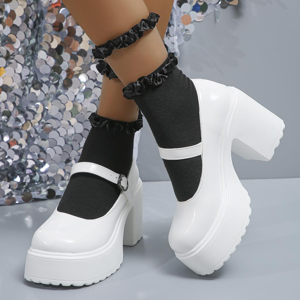 fashion White Super High Heels Mary Jane Shoes for Women Patent Leather Chunky Platform Pumps Woman Gothic Buckle Strap Lolita Shoes