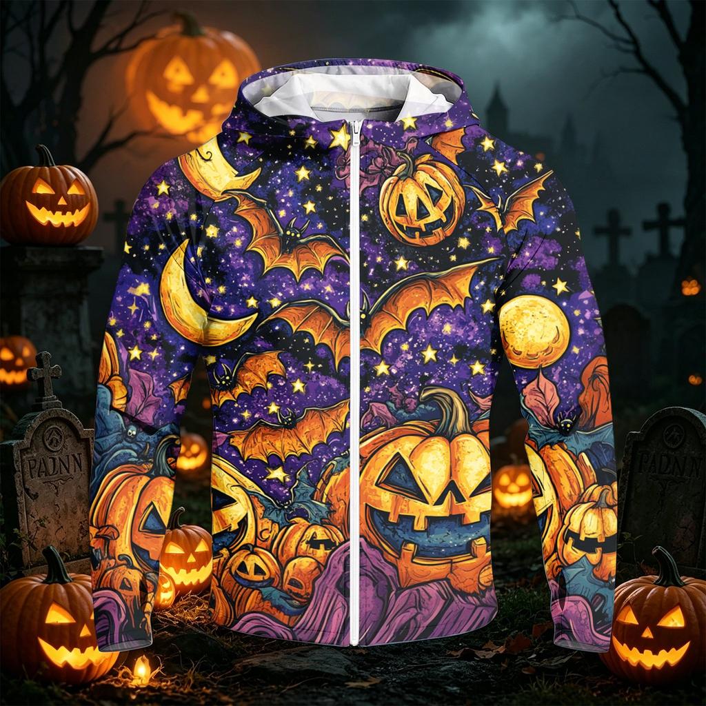 Men's Casual Raglan Hooded Long Sleeve Sun Jacket with Halloween Print