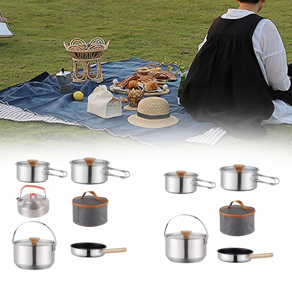 6 Pieces Camp Cookware Camping Mess Kit Portable Cooking Pot Pan Stainless Steel Frying
