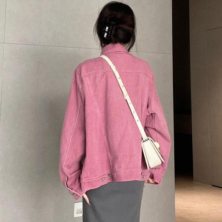 Women's Retro Rose Pink Denim Jacket – American and Hong Kong Style, Loose Fit, Versatile for Spring & Autumn