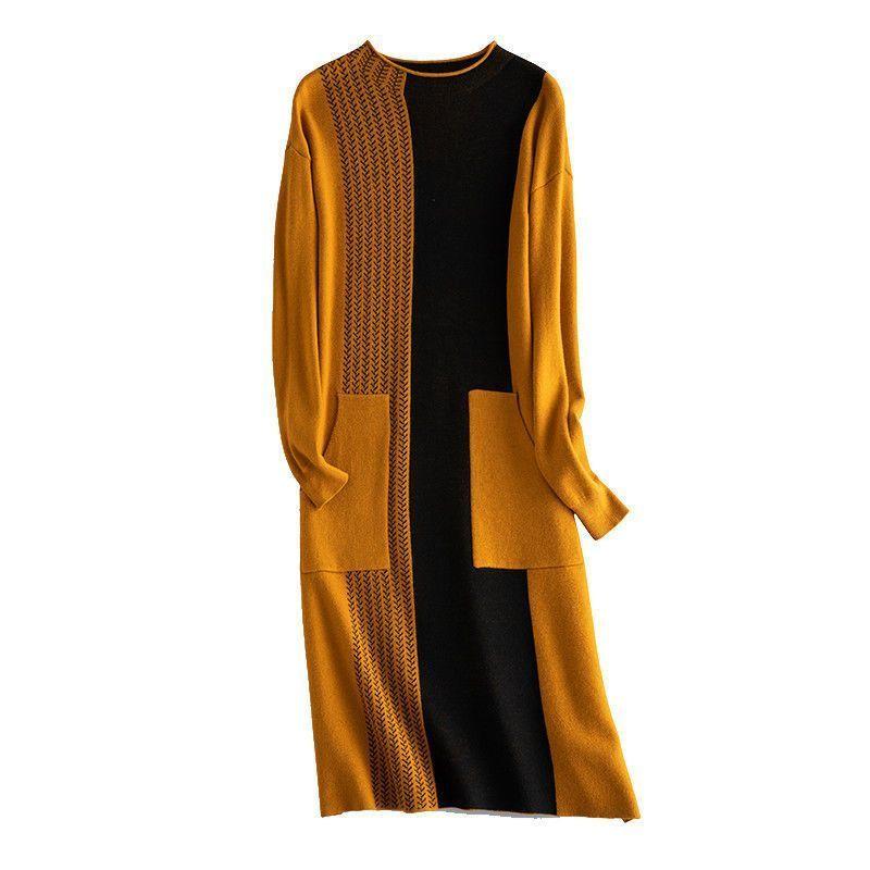 Women's Crew Neck Plus Size Knit Dress Autumn and Winter Color-Block Pullover Sweater Dress Over-the-Knee Mid-Length Knit Sweater