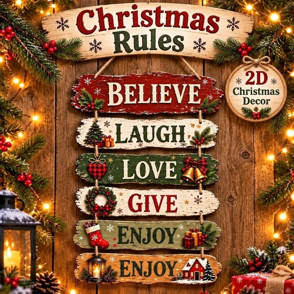 2D Flat 2D Wooden Door Sign Christmas Rules Xmas Hanging Ornament Holiday Gift
