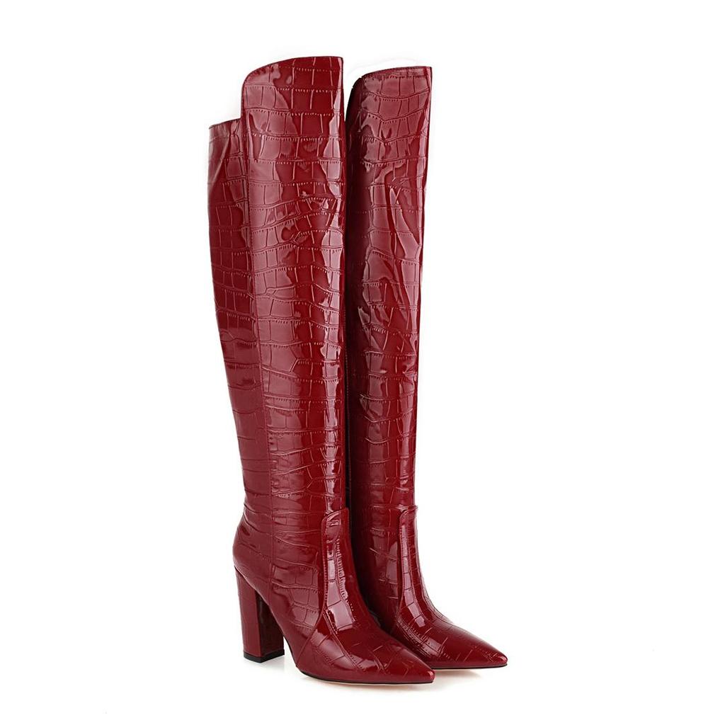 Q/Women's High Heel Boots New Fashion Pointed Thick Heel Crocodile Skin Pattern Large Size Boots