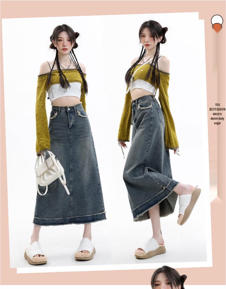 Summer Frayed A-line Hip-Hugging Denim Skirt - Retro Fashion, Niche, High Waist for Women