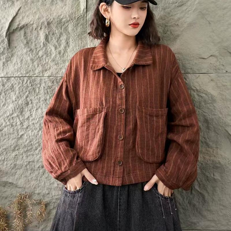 Dimanaf 2025 Coat Short Jacket Women Long Sleeve Pockets Fashion Retro Print Tops Tees Loose Tees New