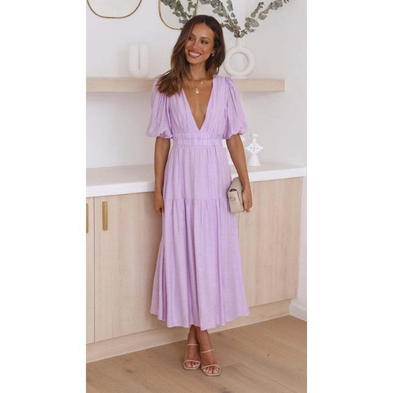 2025 Summer Deep V-neck Puff Short Sleeve Fashion Women Dress New Elegant Solid Color Loose Party Medium and Long Dress Women Slim Fit Women Clothing